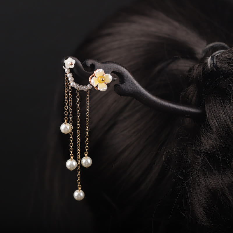 Buddha Stones Ebony Shell Flower Pearl Tassel Blessing Hairpin - image 3