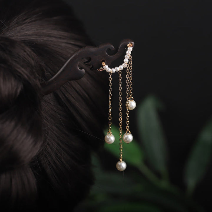 Buddha Stones Ebony Shell Flower Pearl Tassel Blessing Hairpin - image 4