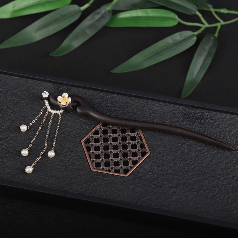 Buddha Stones Ebony Shell Flower Pearl Tassel Blessing Hairpin - image 2