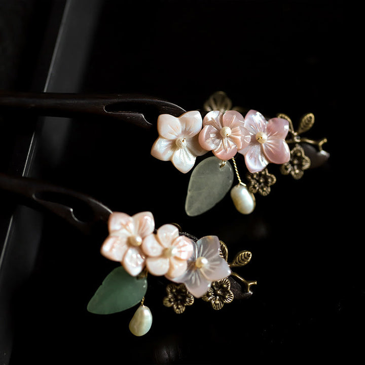 Buddha Stones Ebony Shell Flower Leaves Blessing Hairpin - image 3