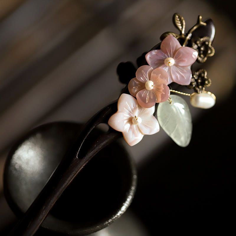 Buddha Stones Ebony Shell Flower Leaves Blessing Hairpin - Ebony Hairpin - image 0