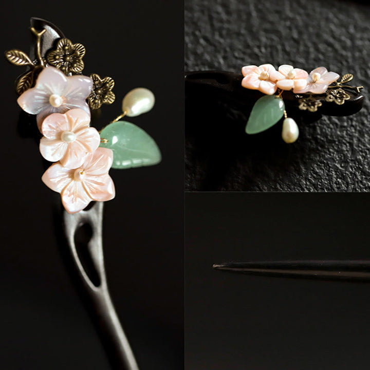 Buddha Stones Ebony Shell Flower Leaves Blessing Hairpin - image 6