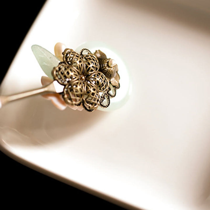 Buddha Stones Copper Jade Shell Flower Leaves Luck Hairpin - image 11