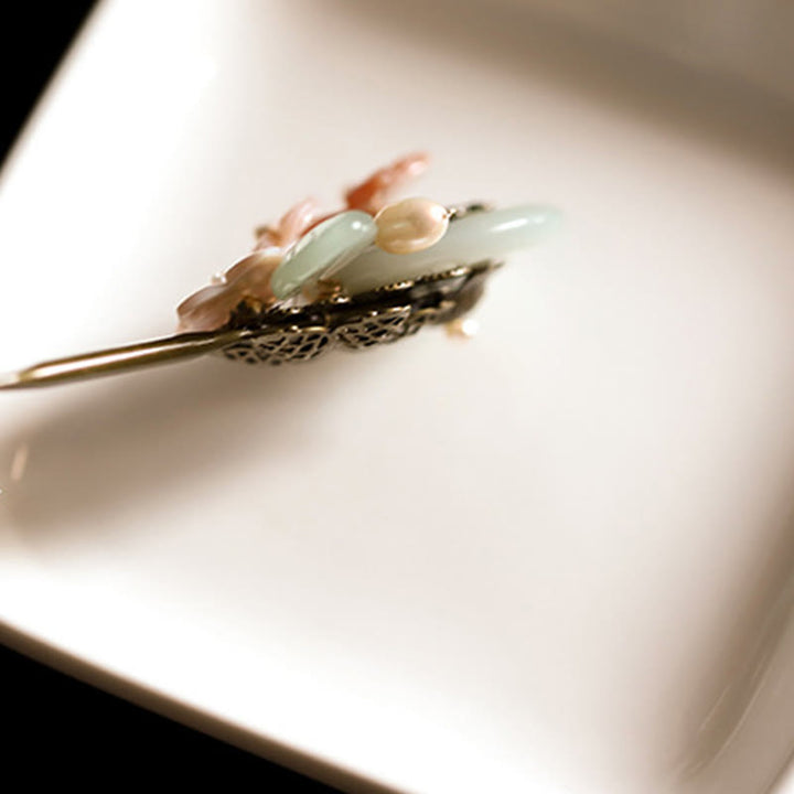 Buddha Stones Copper Jade Shell Flower Leaves Luck Hairpin - image 10