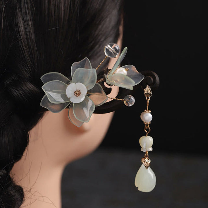 Buddha Stones Ebony Jade Shell Magnolia Tassel Blessing Hairpin - image 7