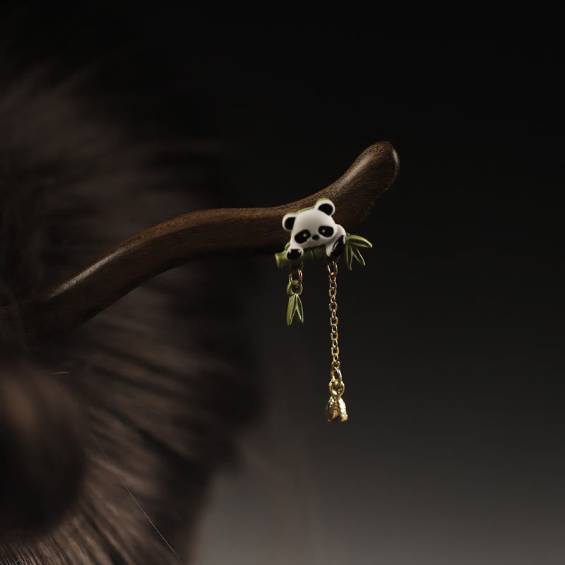 Buddha Stones Ebony Panda Bamboo Tassel Courage Hairpin - Ebony Hairpin - image 0