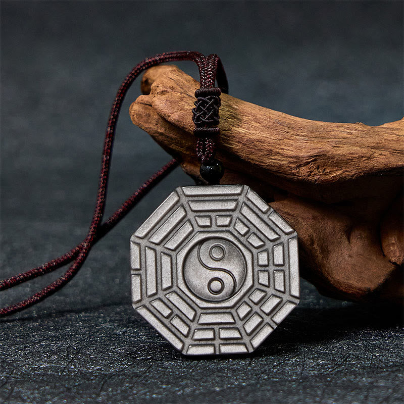 Buddha Stones Silver Sheen Obsidian Bagua Yin Yang Symbol Protection Necklace Pendant - Silver Sheen Obsidian - image 0