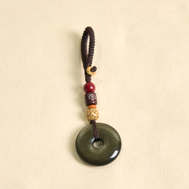 Buddha Stones Natural Gold Sheen Obsidian Peace Buckle Strengthen Key Chain - image 7