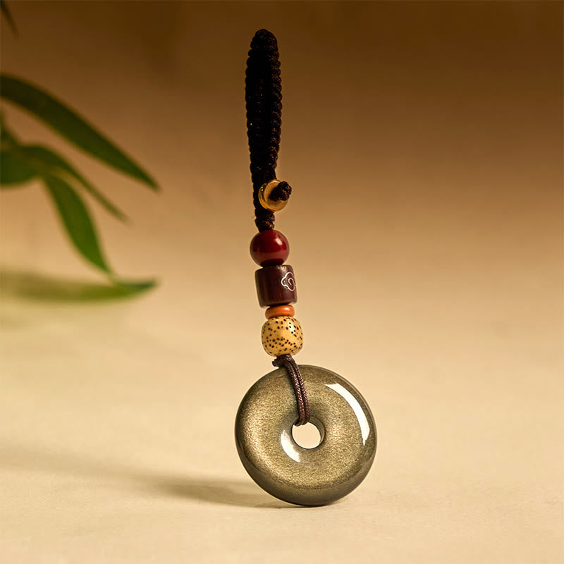 Buddha Stones Natural Gold Sheen Obsidian Peace Buckle Strengthen Key Chain - Gold Sheen Obsidian - image 0