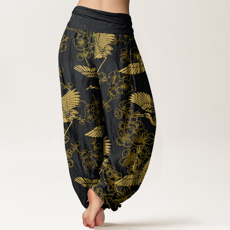 Buddha Stones Crane Flower Pattern Women's Elastic Waist Harem Pants - image 1