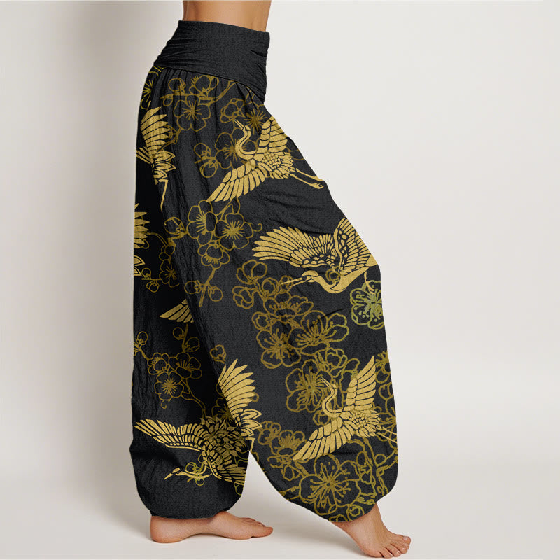 Buddha Stones Crane Flower Pattern Women's Elastic Waist Harem Pants - image 2