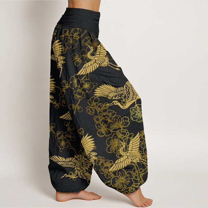Buddha Stones Crane Flower Pattern Women's Elastic Waist Harem Pants - image 2