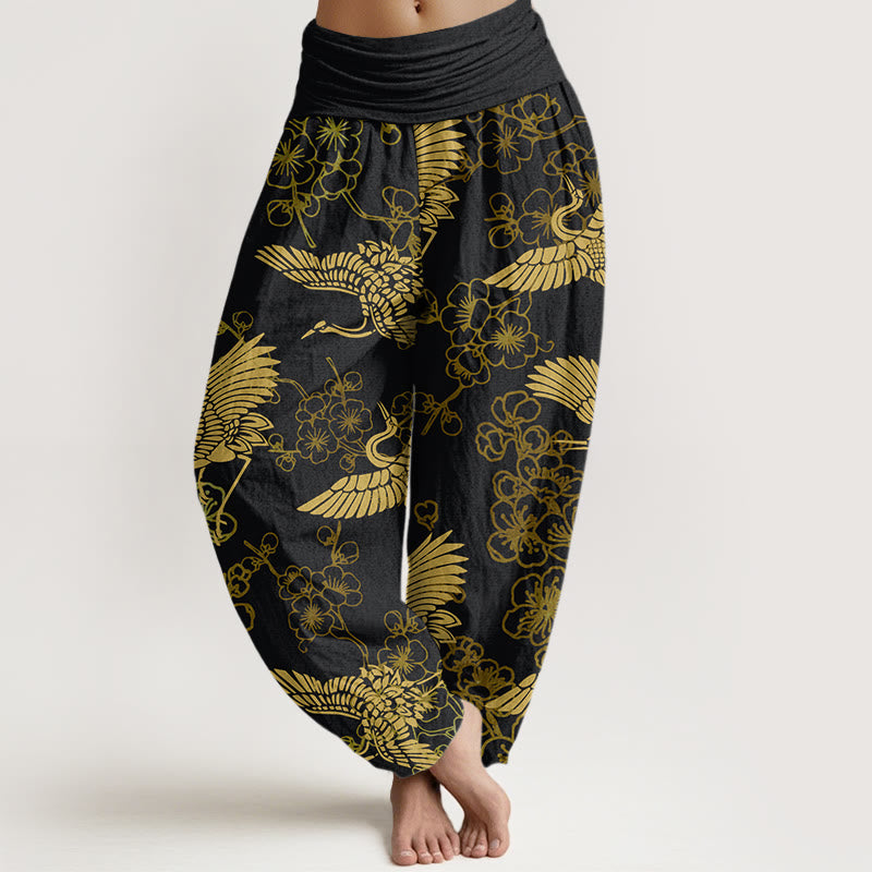 Buddha Stones Crane Flower Pattern Women's Elastic Waist Harem Pants - Black - US22，UK/AU26，EU54 (6XL) - image 0