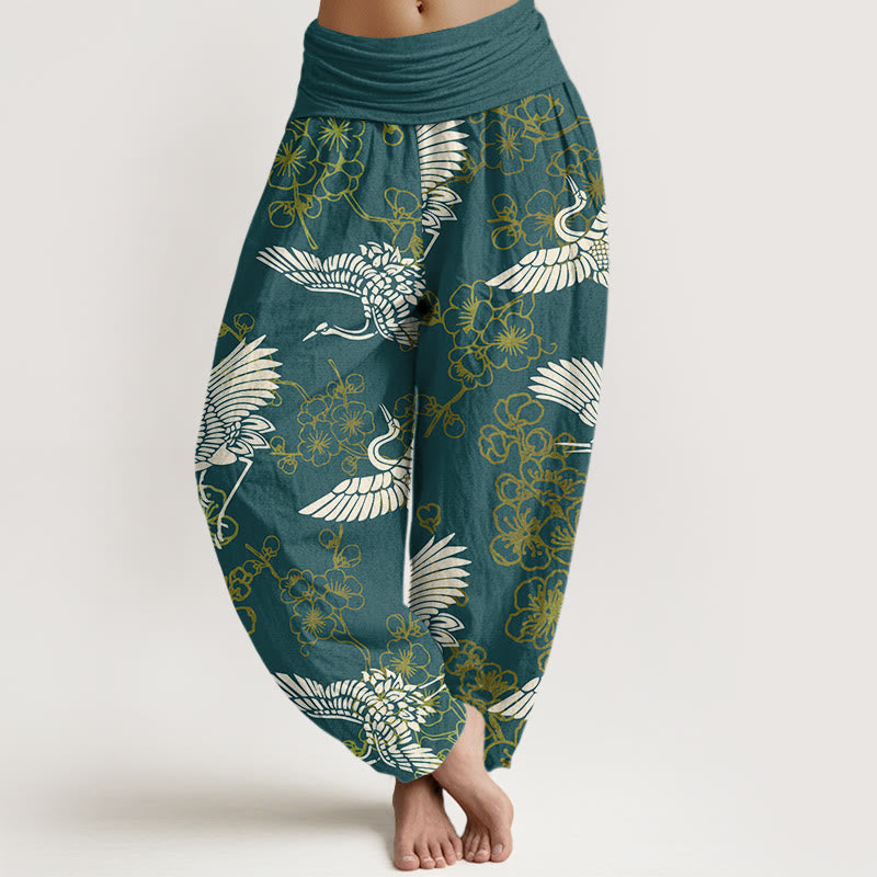 Buddha Stones Crane Flower Pattern Women's Elastic Waist Harem Pants - SeaGreen - US22，UK/AU26，EU54 (6XL) - image 4