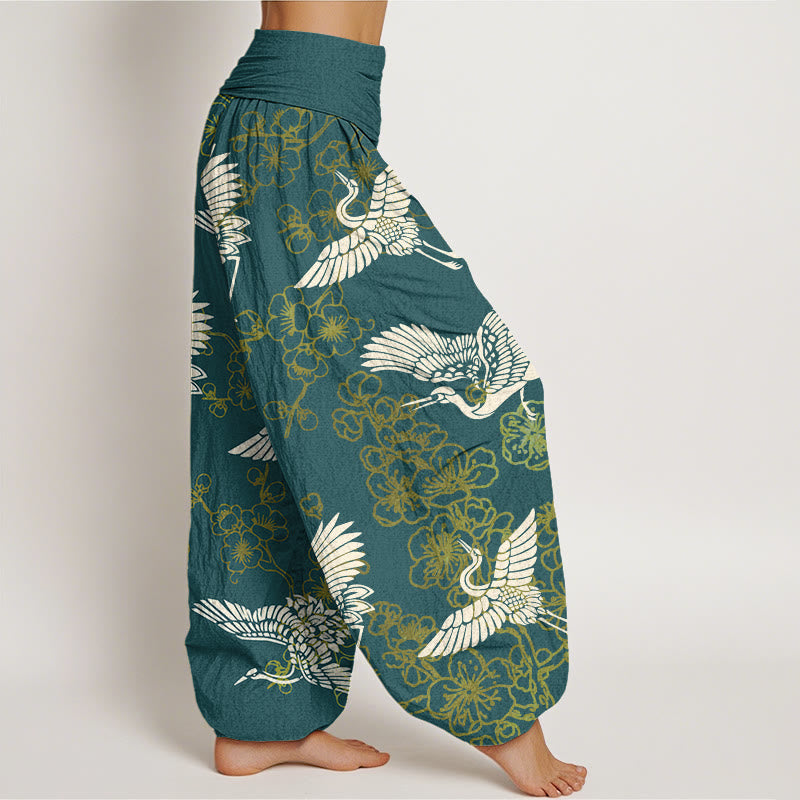 Buddha Stones Crane Flower Pattern Women's Elastic Waist Harem Pants - image 6