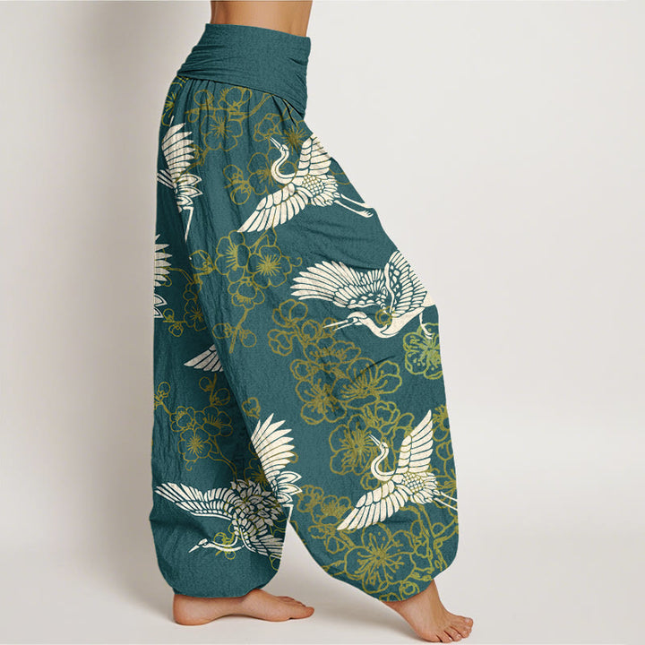 Buddha Stones Crane Flower Pattern Women's Elastic Waist Harem Pants - image 6