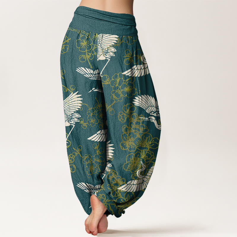 Buddha Stones Crane Flower Pattern Women's Elastic Waist Harem Pants - image 5