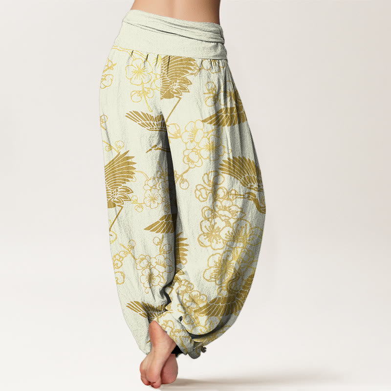Buddha Stones Crane Flower Pattern Women's Elastic Waist Harem Pants - image 8