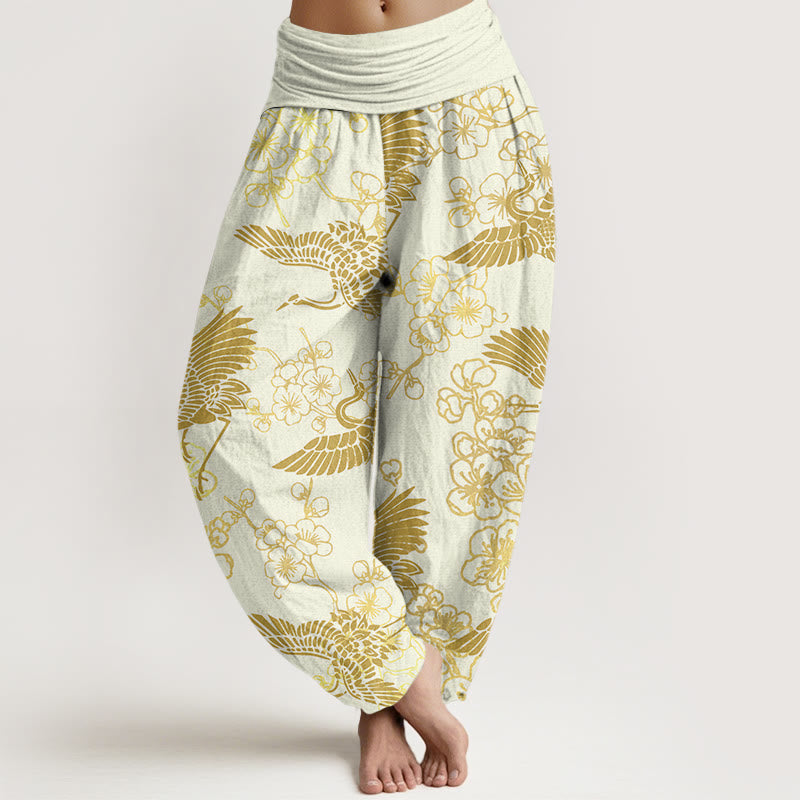 Buddha Stones Crane Flower Pattern Women's Elastic Waist Harem Pants - LightYellow - US22，UK/AU26，EU54 (6XL) - image 7