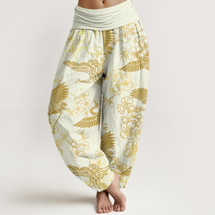 Buddha Stones Crane Flower Pattern Women's Elastic Waist Harem Pants - LightYellow - US22，UK/AU26，EU54 (6XL) - image 7