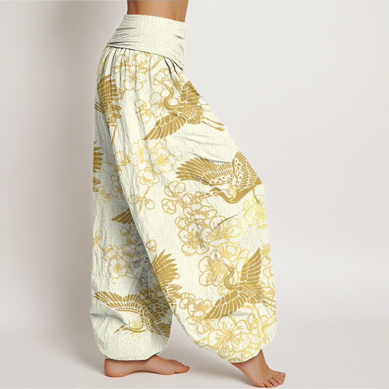 Buddha Stones Crane Flower Pattern Women's Elastic Waist Harem Pants - image 9