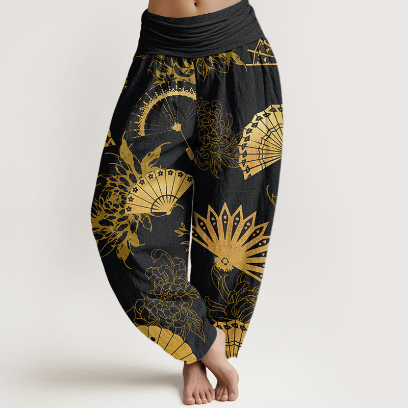 Buddha Stones Fan Flower Pattern Women's Elastic Waist Harem Pants - Black - US22，UK/AU26，EU54 (6XL) - image 0