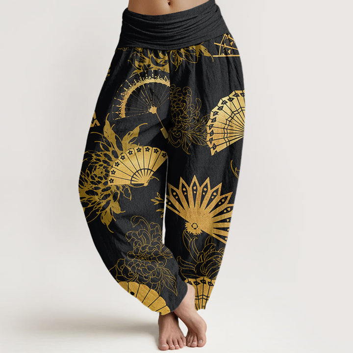 Buddha Stones Fan Flower Pattern Women's Elastic Waist Harem Pants - Black - US22，UK/AU26，EU54 (6XL) - image 0
