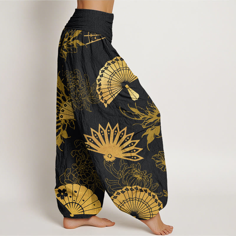 Buddha Stones Fan Flower Pattern Women's Elastic Waist Harem Pants - image 2