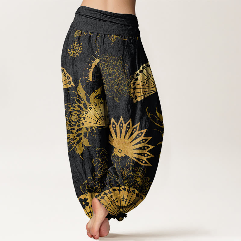 Buddha Stones Fan Flower Pattern Women's Elastic Waist Harem Pants - image 1
