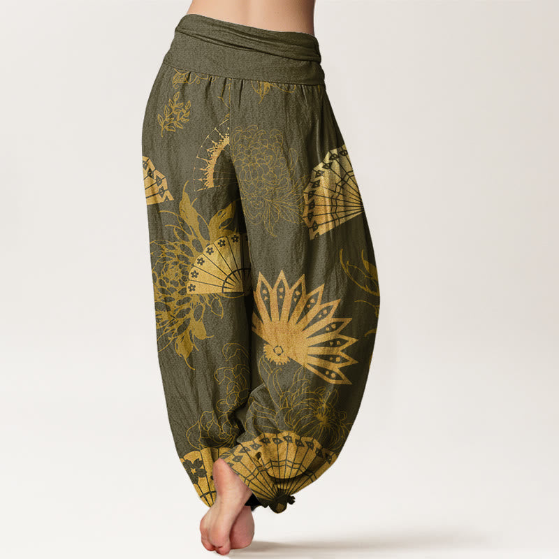 Buddha Stones Fan Flower Pattern Women's Elastic Waist Harem Pants - image 5