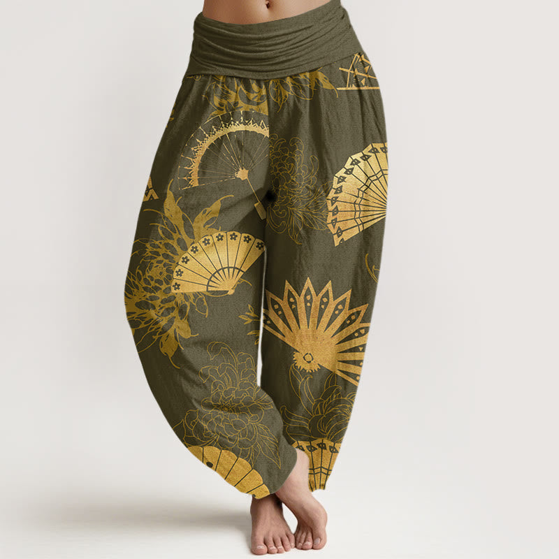 Buddha Stones Fan Flower Pattern Women's Elastic Waist Harem Pants - Olive - US22，UK/AU26，EU54 (6XL) - image 4