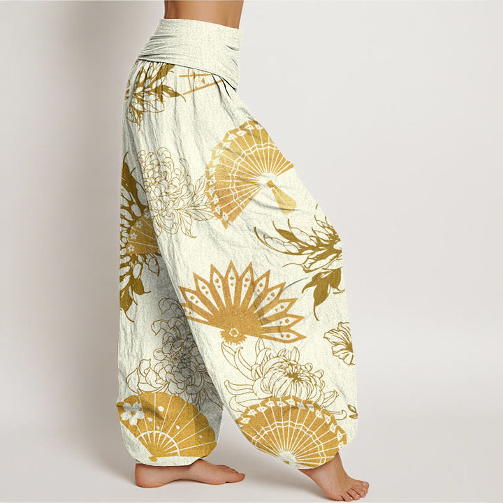 Buddha Stones Fan Flower Pattern Women's Elastic Waist Harem Pants - image 9