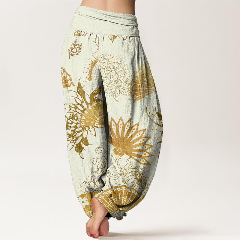 Buddha Stones Fan Flower Pattern Women's Elastic Waist Harem Pants - image 8