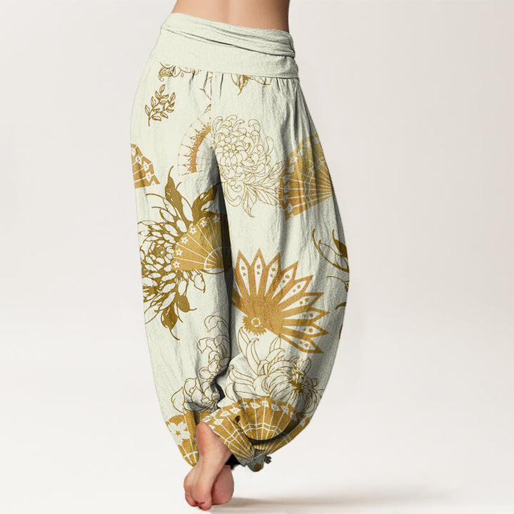 Buddha Stones Fan Flower Pattern Women's Elastic Waist Harem Pants - image 8