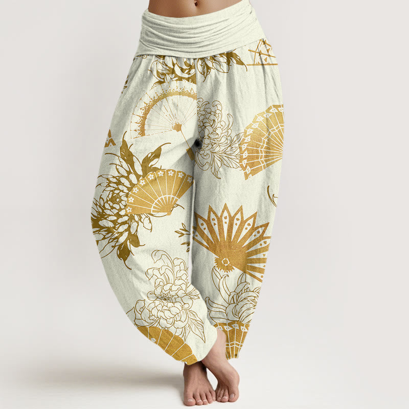Buddha Stones Fan Flower Pattern Women's Elastic Waist Harem Pants - Cornsilk - US22，UK/AU26，EU54 (6XL) - image 7
