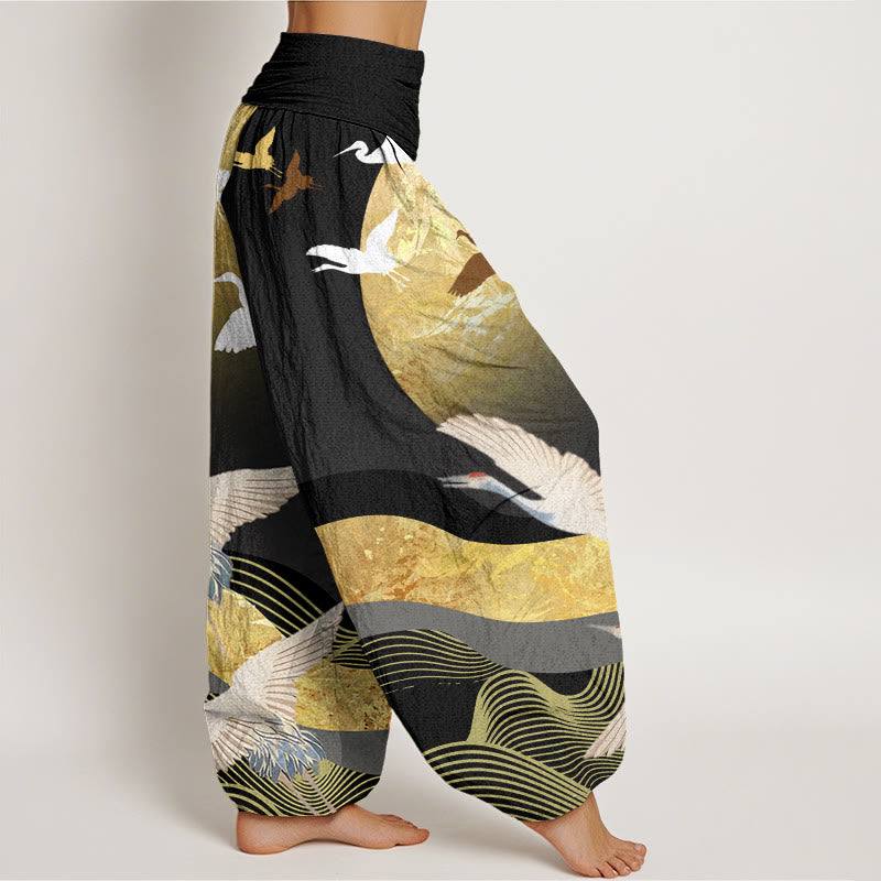 Buddha Stones Crane Sun Wave Pattern Women's Elastic Waist Harem Pants - image 2