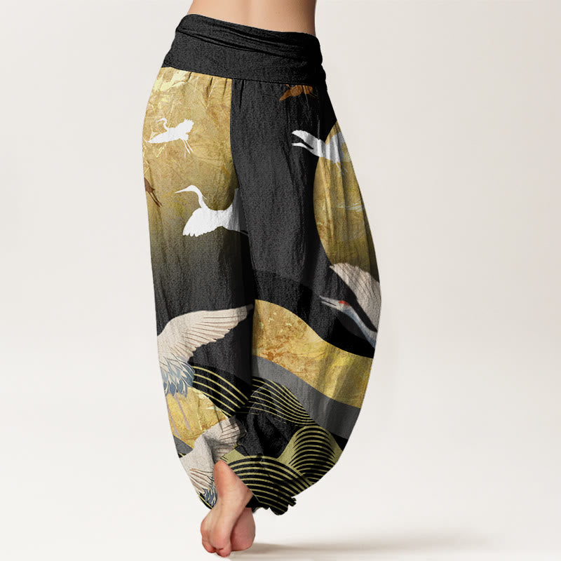 Buddha Stones Crane Sun Wave Pattern Women's Elastic Waist Harem Pants - image 1