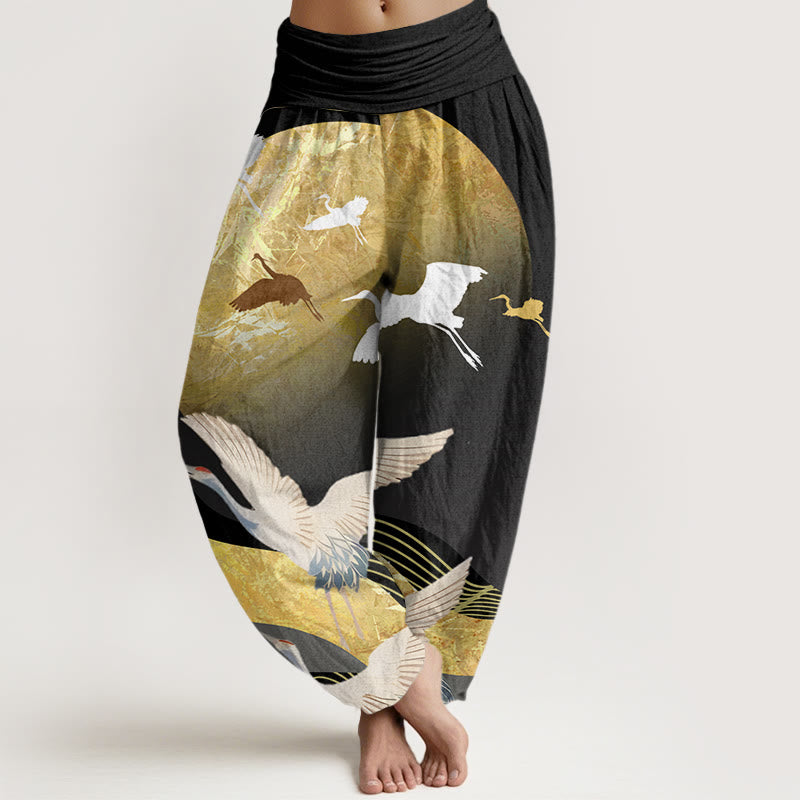 Buddha Stones Crane Sun Wave Pattern Women's Elastic Waist Harem Pants - Black - US22，UK/AU26，EU54 (6XL) - image 0