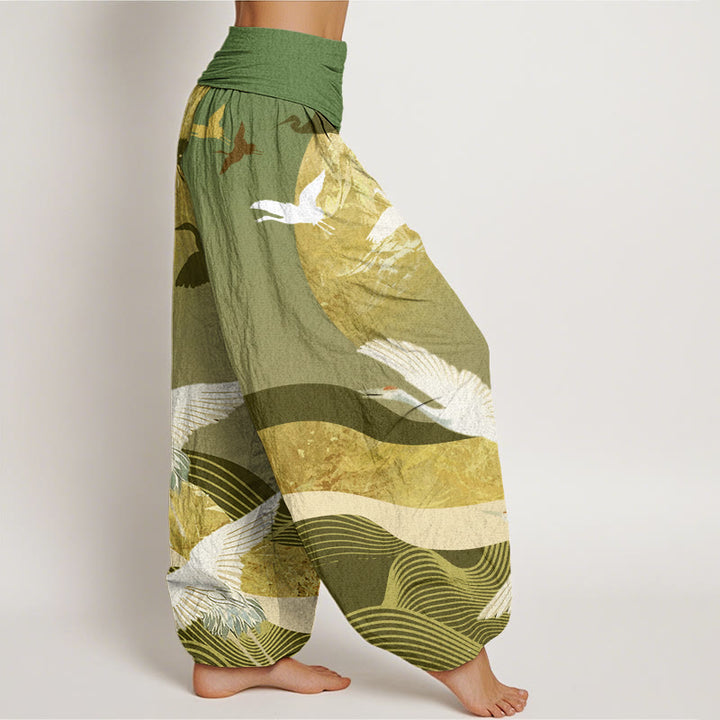 Buddha Stones Crane Sun Wave Pattern Women's Elastic Waist Harem Pants - image 6