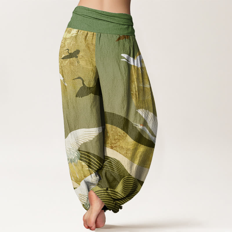 Buddha Stones Crane Sun Wave Pattern Women's Elastic Waist Harem Pants - image 5
