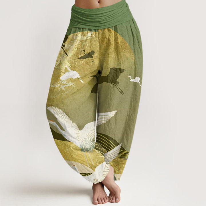 Buddha Stones Crane Sun Wave Pattern Women's Elastic Waist Harem Pants - ForestGreen - US22，UK/AU26，EU54 (6XL) - image 4