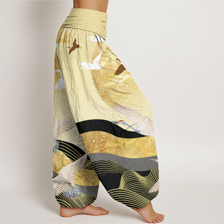 Buddha Stones Crane Sun Wave Pattern Women's Elastic Waist Harem Pants - image 9
