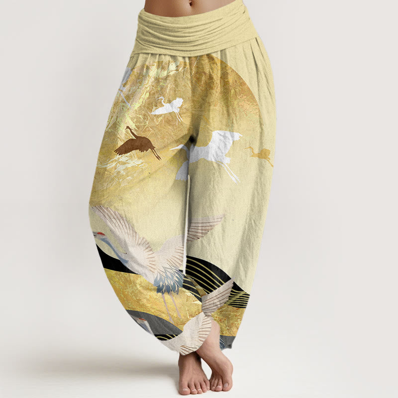 Buddha Stones Crane Sun Wave Pattern Women's Elastic Waist Harem Pants - LemonChiffon - US22，UK/AU26，EU54 (6XL) - image 7