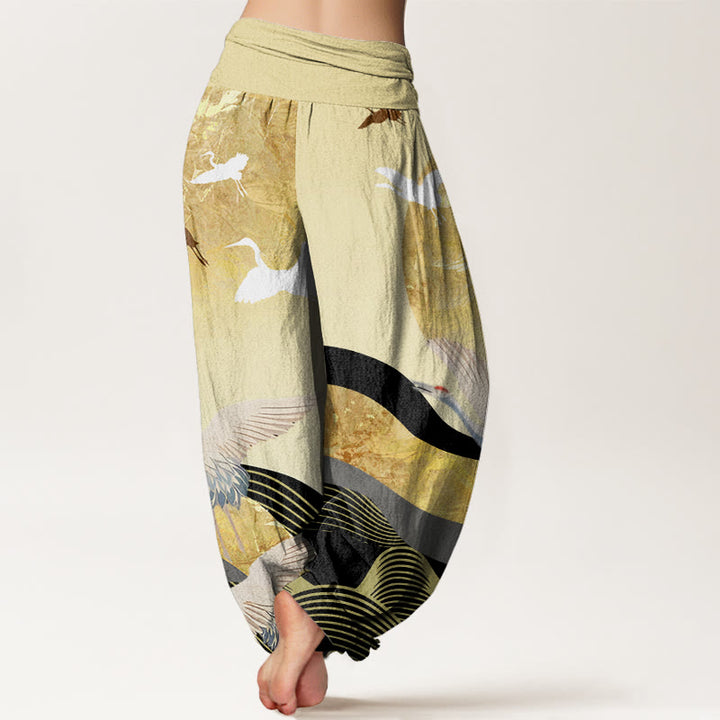Buddha Stones Crane Sun Wave Pattern Women's Elastic Waist Harem Pants - image 8