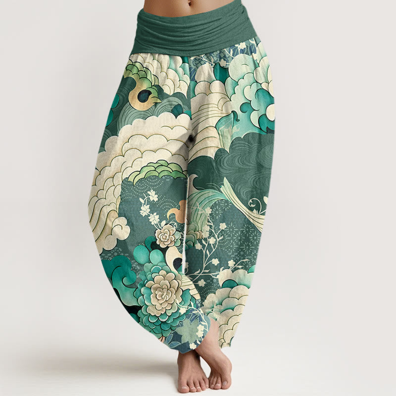 Buddha Stones Flower Wave Pattern Women's Elastic Waist Harem Pants - SeaGreen - US22，UK/AU26，EU54 (6XL) - image 0