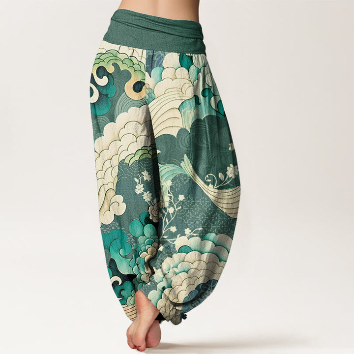 Buddha Stones Flower Wave Pattern Women's Elastic Waist Harem Pants - image 1