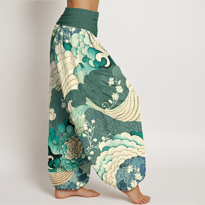 Buddha Stones Cotton Flower Wave Pattern Women's Elastic Waist Harem Pants - image 2