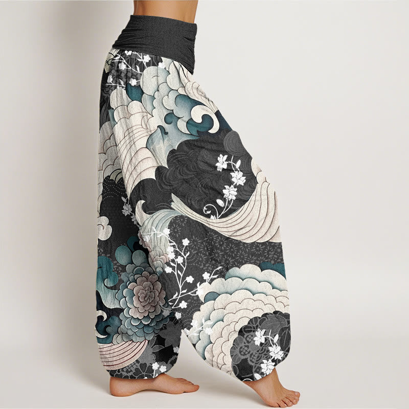 Buddha Stones Cotton Flower Wave Pattern Women's Elastic Waist Harem Pants - image 6