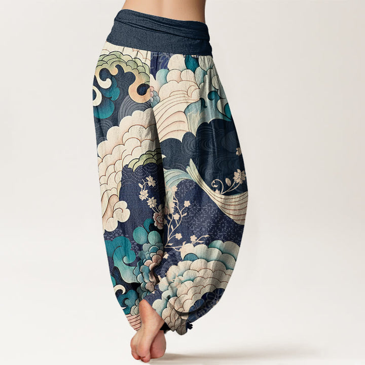 Buddha Stones Flower Wave Pattern Women's Elastic Waist Harem Pants - image 8