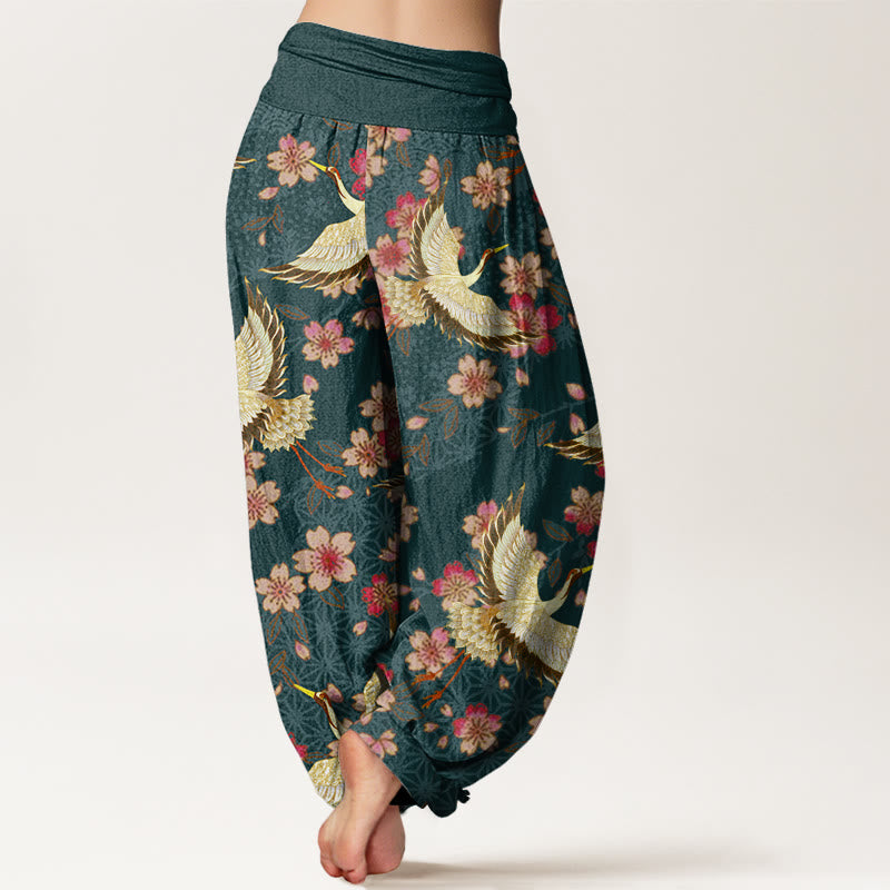 Buddha Stones Crane Peach Blossom Pattern Women's Elastic Waist Harem Pants - image 1